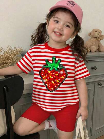 SHEIN 1pc Baby Girl Casual Cute Retro American Style Red Stripe & Strawberry Print Round Neck Short Sleeve T-Shirt And Leggings Set, Suitable For Spring/Summer, Daily Wear, Vacation, Y2K Style Girl Fruit Clothes Strawberry Toddler Outfit Baby Girl Fruit Outfit Fruit Toddler Outfit Toddler Strawberry Shirt