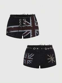ROMWE Grunge Punk Quần short denim siêu cạp thấp in hình cờ Anh quốc phong cách Y2K, đính đinh tán kim loại. - màu đen - Xem 2