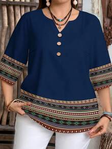 EMERY ROSE Plus Size Women Casual Striped Patchwork Short Sleeve Shirt, Suitable For Summer - Multicolor - View 3