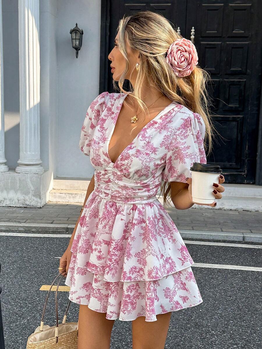 Pariaura Women's Vacation Plant Pattern Deep V-Neck Ruffle Short Petal Sleeve Fashionable Mini Dress - Pink - View 1