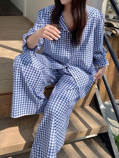 Dazy Plus 2 Parçalı Ekose Peter Pan Yakalı Sevimli Bol Kesim Geniş Kollu Üst ve Bol Uzun Pantolon Pijama Takımı, Büyük Beden Kadın Ev Giyimi, İlkbahar/Yaz