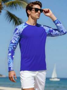 Surfspeed 男士印花拼接长袖沙滩度假冲浪防晒衣上衣，夏威夷风，蓝色热带风情男士，男士沙滩上衣，男士度假装，男士度假装，男士泳衣 - 彩色 - 查看 4