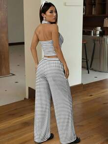 SHEIN EZwear 休闲简约运动风黑白条纹露背吊带背心搭配宽松长裤，女士两件套，春夏百搭单品 - 彩色 - 查看 2