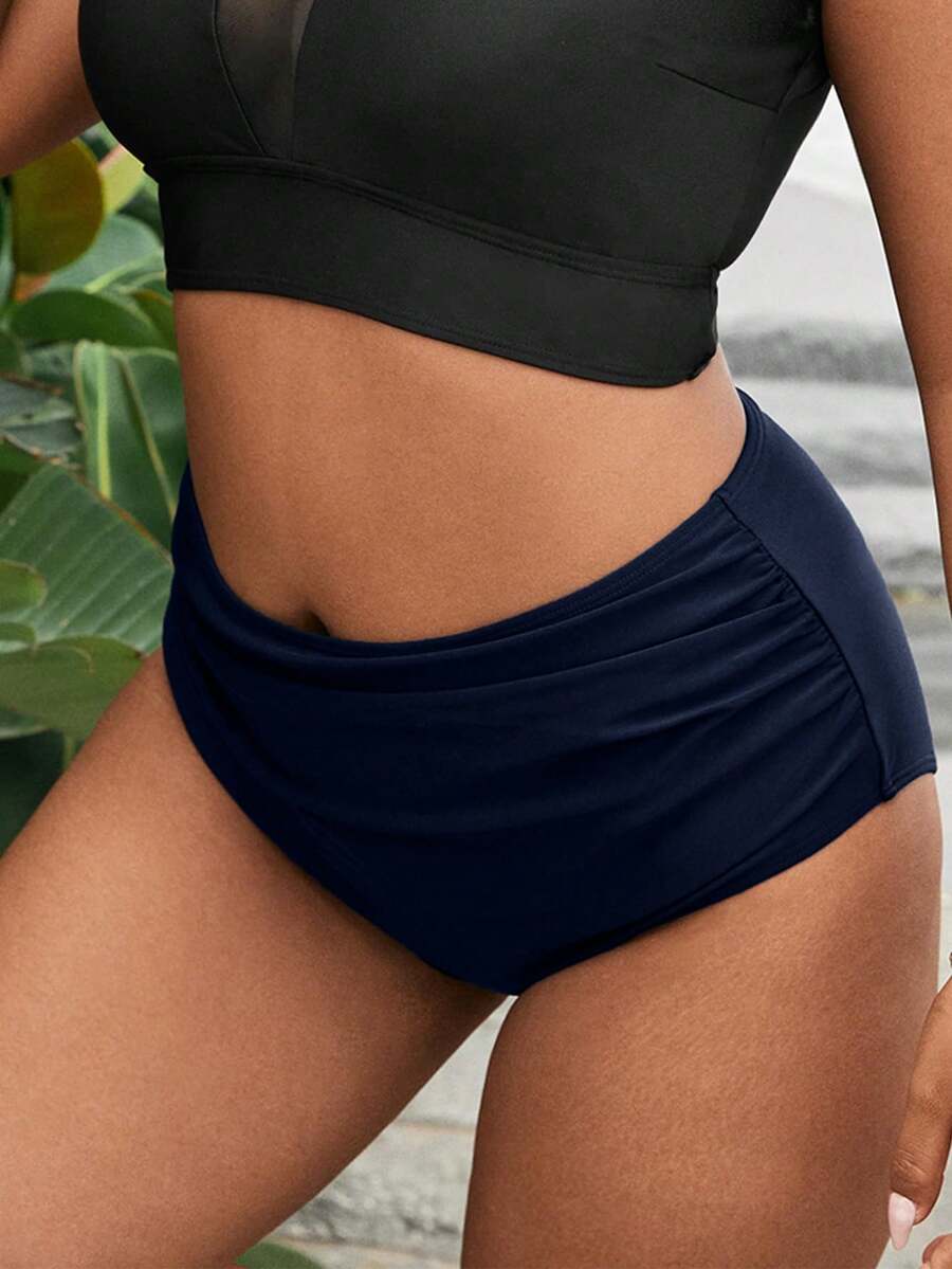 Swim Vcay Plus Size Women Summer Beach Solid Color Ruched Bikini Bottom Navy Blue - Navy Blue - View 1