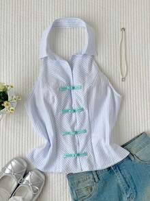 Comfortcana Women's Summer Casual Striped Button Backless Halter Shirt - Multicolor - View 4