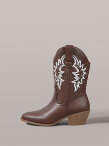 Styleloop 女士白色西部靴，尖头粗跟V型开口皮靴，低跟刺绣过膝靴和踝靴 - 深棕色 - 查看 3