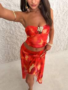 Firerie 两件套女士针织网纱印花露脐上衣和低腰开衩裙，度假套装，夏季服装，女士性感度假扎染印花褶皱上衣套装，不对称开衩裙套装，春夏套装，优雅，约会，派对，音乐节，波西米亚风，度假，波西米亚风，海滩，夏威夷 - 彩色 - 查看 10