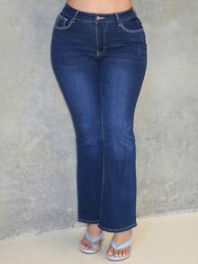 Arliah Y2K复古露脐口袋交叉翅膀刺绣修身喇叭裤女式牛仔裤 - 藍色 - 查看 4