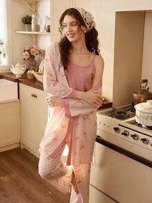 Tulorae 3pcs Colorblock Crinkle Fabric Bow Print Pajama Set For Women - Pink - View 1
