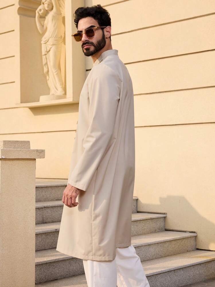 Apricot Color Collar Decor Long Sleeve Men's Shirt, Spring