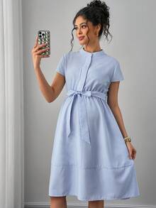 Momance Maternity Striped Cap Sleeve Single-Breasted Casual Dress - Blue and White - View 5