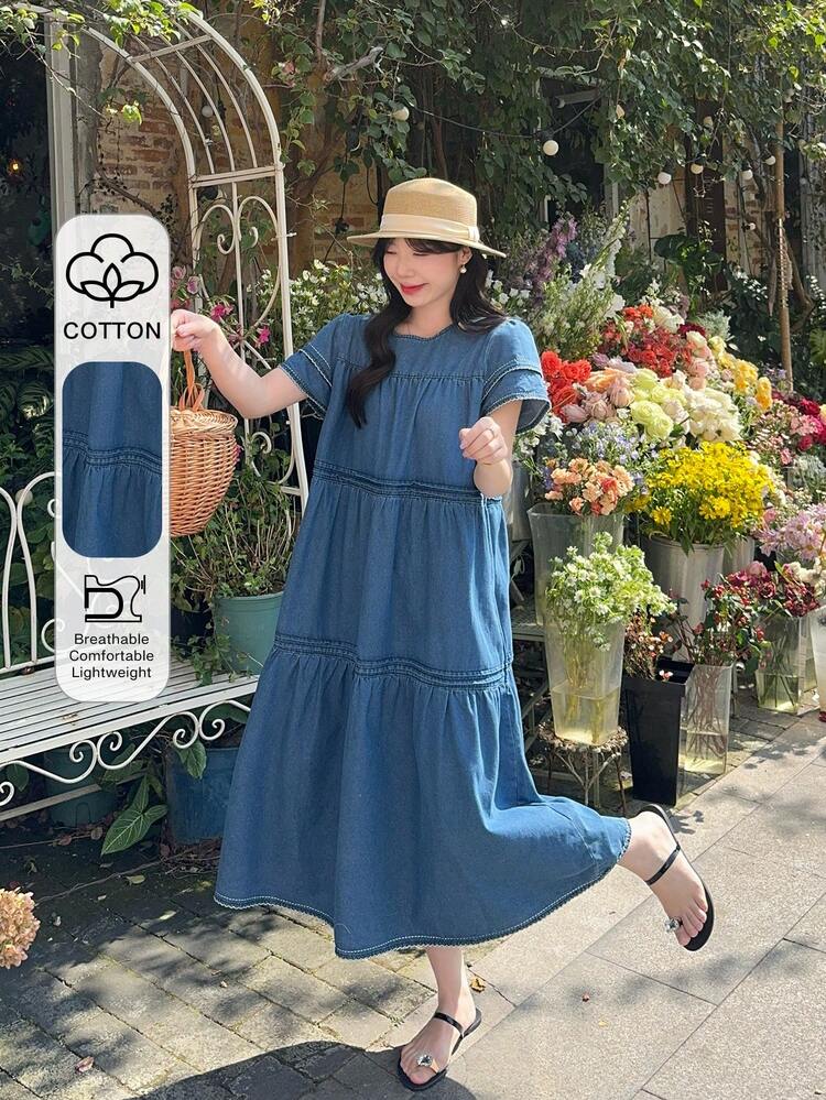 Women's Round Neck Ruffle Trim Fresh Korean Style Vacation Atmosphere Denim Dress Maxi Dress