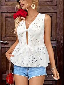 Blusa sin mangas de mujer estilo francés casual con cuello en V, encaje floral calado y lazo en rojo - Blanco - Ver 3
