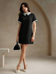 Anewsta Summer Elegant Contrast Color Block Studded Decorated Dress - Black - View 6