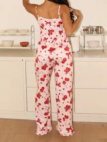 樱桃印花吊带背心和裤子睡衣套装（女士） - 粉色 - 查看 3