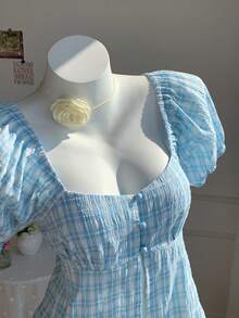 Comfortcana 女士格子心形领插肩袖休闲衬衫 - 白色 - 查看 1