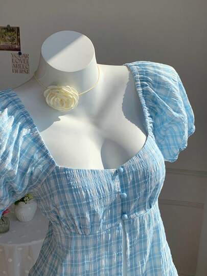 Comfortcana Women's Plaid Sweetheart Collar Raglan Sleeve Casual Shirt, Summer Outfits For Women