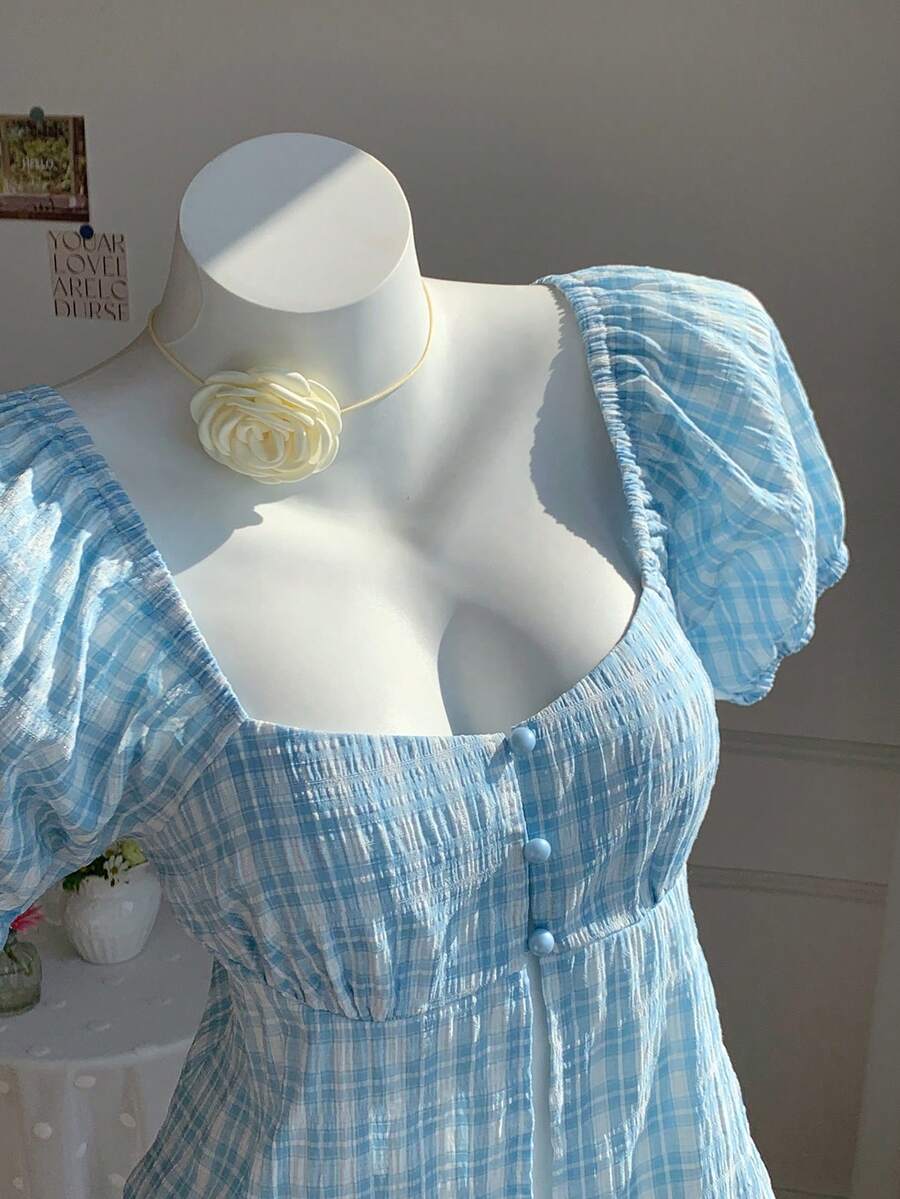 Comfortcana 女士格子心形领插肩袖休闲衬衫 - 白色 - 查看 1