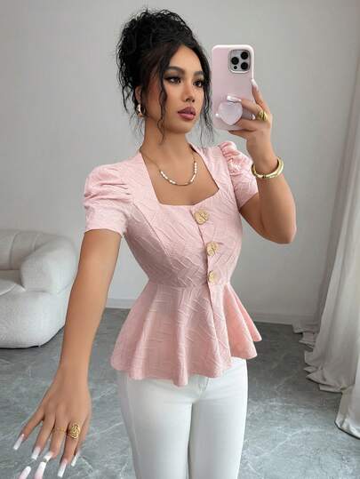 Elenzga Women's New Summer Casual Top, Suitable For Vacation, Date, Party, Featuring Square Neck, Irregular Texture, Metal Decor Button, Puff Sleeve Design, Elegant Casual Business Commute Everyday Wear, Pink T-Shirt, Suitable For Summer Date, Romantic Occasion, Office, Business, Commute, Summer Holiday, Carnival, Beach, Party, Everyday Wear, Summer Outfit, Party Top, Wedding Guest Attire, Luxury T-Shirt