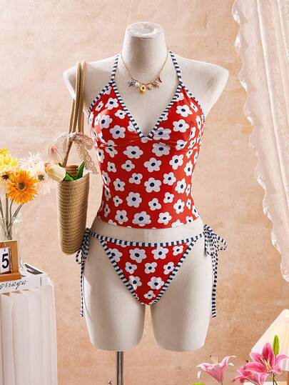 Bellisia Dam baddräkt med blommönster och spaghettiband, lämplig för strandsemester