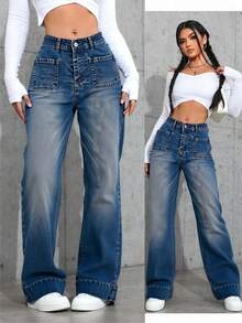 Pantalones vaqueros de piernas anchas para mujeres, tejidos sólidos, botones, materiales opacos y micro - elástico, todos los artículos - Lavado ligero - Ver 2