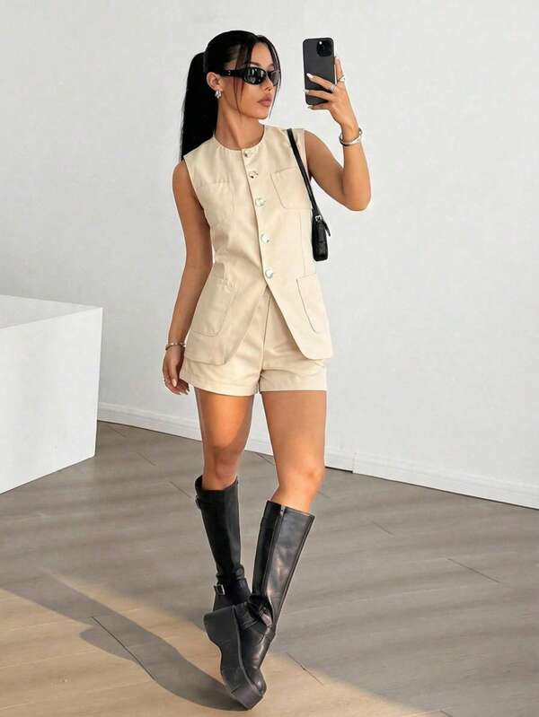 Conjunto de Chaleco Sin Mangas de Algodón con Botones Coloridos y Pantalones Cortos, Tejido Suave y Transpirable para el Verano, Estilo Práctico y Versátil Ideal para Uso Diario y Salidas Casuales