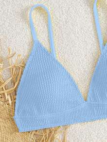 少女比基尼套装，休闲蓝色波浪提花针织吊带深V领坦克背心式泳衣套装，上衣搭配三角泳裤，时尚休闲优雅女士款，适合游泳、夏季度假、海滩、泳池、假日派对等场合。 - 藍色 - 查看 3