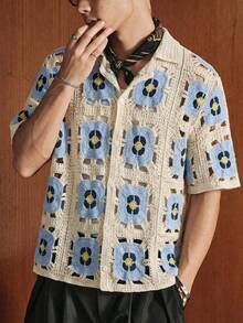 Manfinity Unisex Men's Crochet Hollow Out Short Sleeve Single-Breasted Knit Top - Blue - View 7