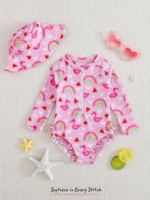 SHEIN 女婴彩虹图案针织柔软圆领长袖泳衣和帽子两件套 - 粉色 - 查看 5
