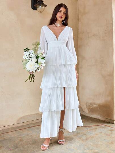 Enchnt 女式春夏深 V 领灯笼袖层叠荷叶边下摆连衣裙