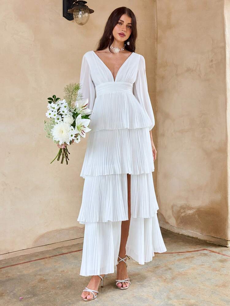 Vestido com Decote em V Profundo, Manga Balão e Bainha Franzida com Camadas para Mulheres na Primavera e Verão