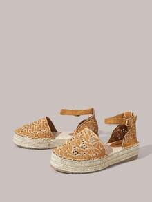 Styleloop 女士厚底圆头踝带刺绣休闲沙滩度假凉鞋，波西米亚风格 - 棕色 - 查看 2