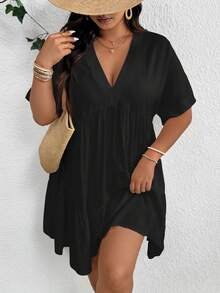 SHEIN Frenchy 大码女式V领短袖休闲连衣裙 女式连衣裙 大码女式连衣裙 女式大码连衣裙 度假休闲连衣裙 - 彩色 - 查看 6