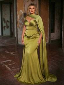 Aureia Vestido plus size elegante e romântico verde-oliva com gola plissada, sem mangas e barra sereia em chiffon, ideal para festas noturnas, encontros, bailes, férias e casamentos. - Verde - Ver 10