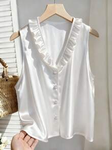 GlowEve Women's Casual Loose Fit Shirt With Ruffle Trim Design - White - View 1