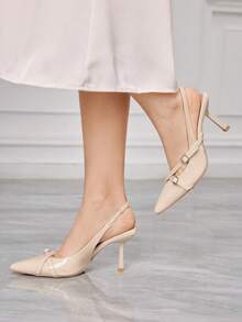 Sleekvia 女士尖头搭扣性感细高跟露跟派对通勤鞋低帮春季鞋亮面PU皮 - 杏色漆皮 - 查看 9