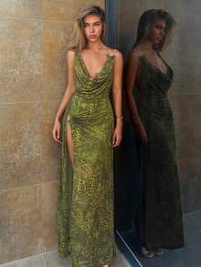 Bonvoyette Women's Leopard & Zebra Print Draped Neck Side Slit Hem Maxi Slip Dress Summer Beach Outfits For Women - Purple - View 4