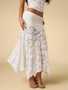SHEIN BAE Women's Vacation Cashew Lace Asymmetric Hem Fashionable Skirt - White - View 4