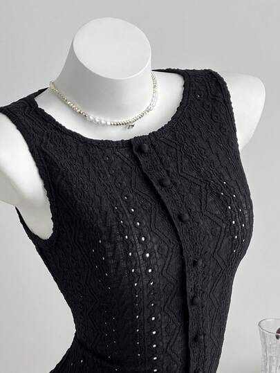 Elamini Women's Summer Minimalist Black Hollow-Out Jacquard Fitted Mini Dress