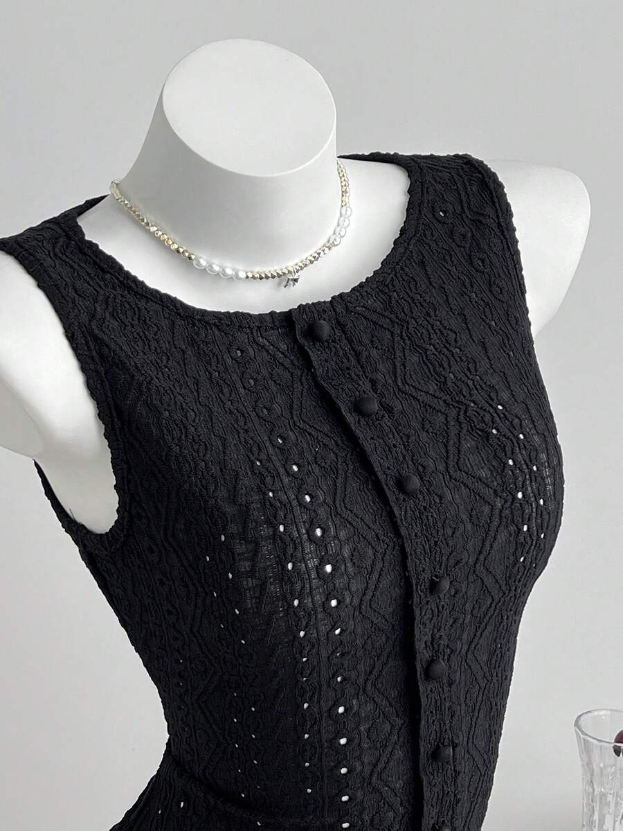 Elamini 女士夏季极简黑色镂空提花修身迷你连衣裙 - 黑色 - 查看 1