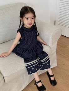 DAZY 2pcs Baby Girls' Polka Dot Washed Ruffle Hem Loose Wide Leg Casual Jeans Set - Blue - View 9