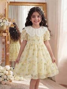 SHEIN Glamorique Kids 1件女童花卉刺绣领提花面料腰部松紧带休闲可爱公主裙，夏季 - 黃色 - 查看 3