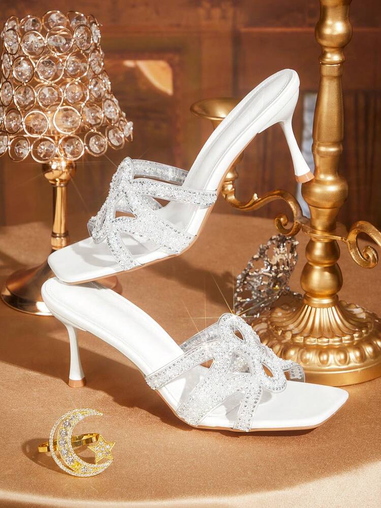CUCCOO TILAWA Women Shoes Square Toe High Heel White Transparent Film Hollow Rhinestones Sexy Fashion Elegant Gorgeous Women's High Heel Sandals Slippers With Skirts Daily Versatile Banquet Party Women's Sandals