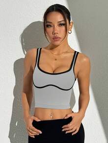 Slayform Contrast Trim Scoop Neck Fashionable Backless Sports Tank Top For Summer - Flint Stone - View 4