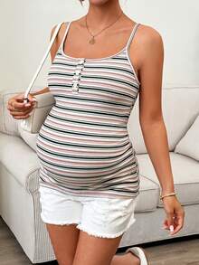 SHEIN 孕妇条纹休闲吊带背心，带纽扣设计 - 粉色 - 查看 1