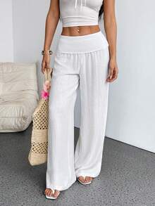 SHEIN PETITE Women Casual Solid Low Wasit Wide Leg Pants - White - View 4