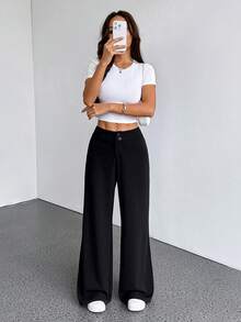 SHEIN PETITE 纯色高腰直筒喇叭裤 - 黑色 - 查看 4