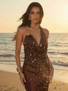 Silquee 女士时尚垂褶领装饰环吊带背心 - 咖啡棕 - 查看 1