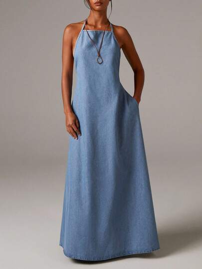 SHEIN MOD Plus Size Women's Casual Backless Denim Dress, Suitable For Summer