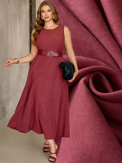 Roveilla Plus Size Women's Casual Vacation Retro Romantic Sleeveless A-Line Midi Dress With Elastic Waist Belt
